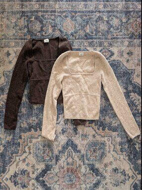 Aritzia Wilfred Long Sleeve Bundle 🤎 2 Square Neck Tops Brown & Beige Size M